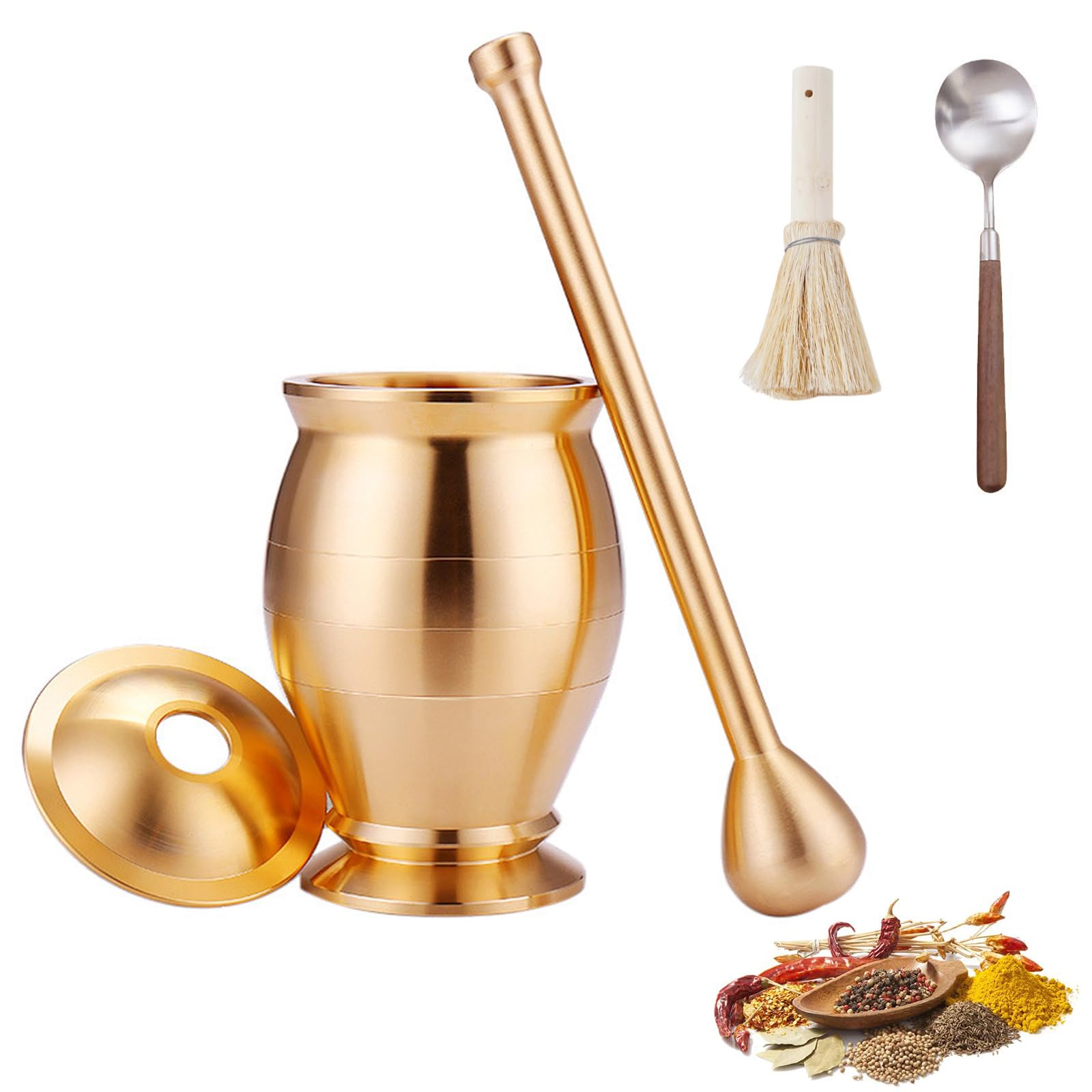 Mörser mit Stößel Set, Handgefertigter Mini-Mörser und Stößel aus Messing für Safran und Gewürze Kräuterschale Klein Gewürzmühle Brecher mit Deckel Bürste Mehrzweck Mörtelrührer