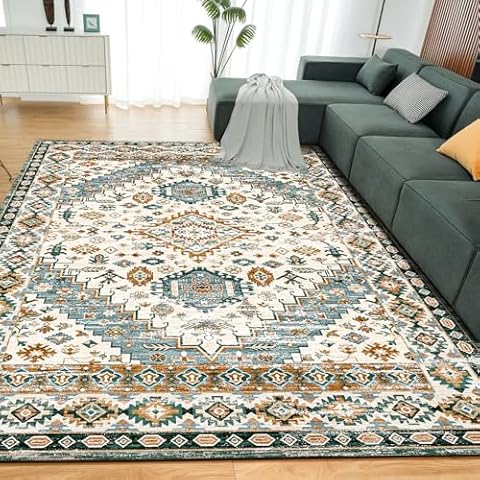 CHOSHOME Area Rug - 6x9 Low-Pile Machine Washable Rug Vintage Rug with Non-Slip Backing, Non-Shedding Indoor Floor Rugs for Living Room Bedroom Kitchen Laundry Home Office Carpet,Green Cover