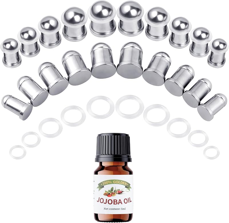 Kit de expansores para orelha WINSENET em aço inoxidável, 7,5 mm a 12 mm, com anéis O e óleo de jojoba — 20 unidades