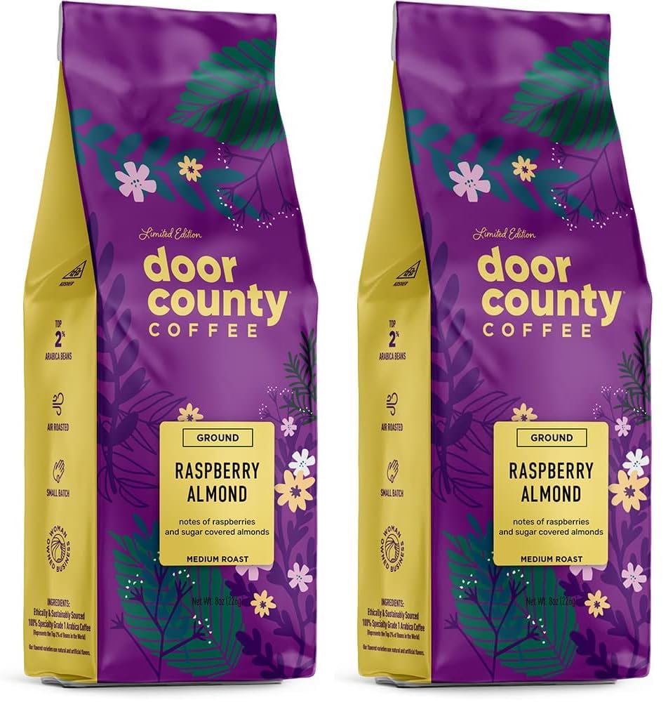 Door County Coffee Raspberry Almond, Flavored Coffee Ground - 8 oz Bag - Spring-Summer Seasonal - Medium Roast - 100% Specialty Arabica - Raspberry, Sugar Coated Almonds Flavored (Pack of 2)