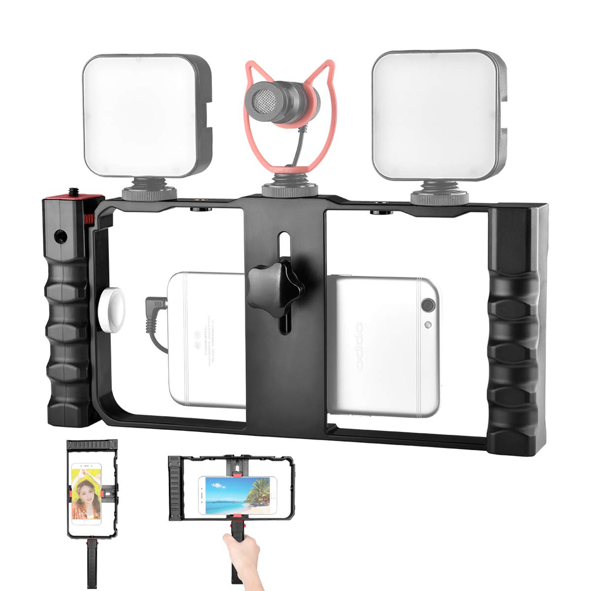 Smartphone Video Rig, Filmmaking Vlogging Phone Cage Stabilizer Handle Grip with 3 Cold Shoe for Videomaker Videographer Compatible with iPhone 12 11 Pro Xs X 8 Samsung Galaxy S20 S10 Huawei