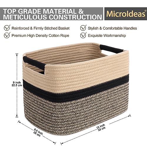 Image of Woven Rope Storage Bin for Organizing - Medium 13 inchx9.8 inchx9 inch Rectangular Cube Basket with Handles, Decorative Boho Nursery, Bathroom, Closet Organizer - Black & Jute by MicroIdeas