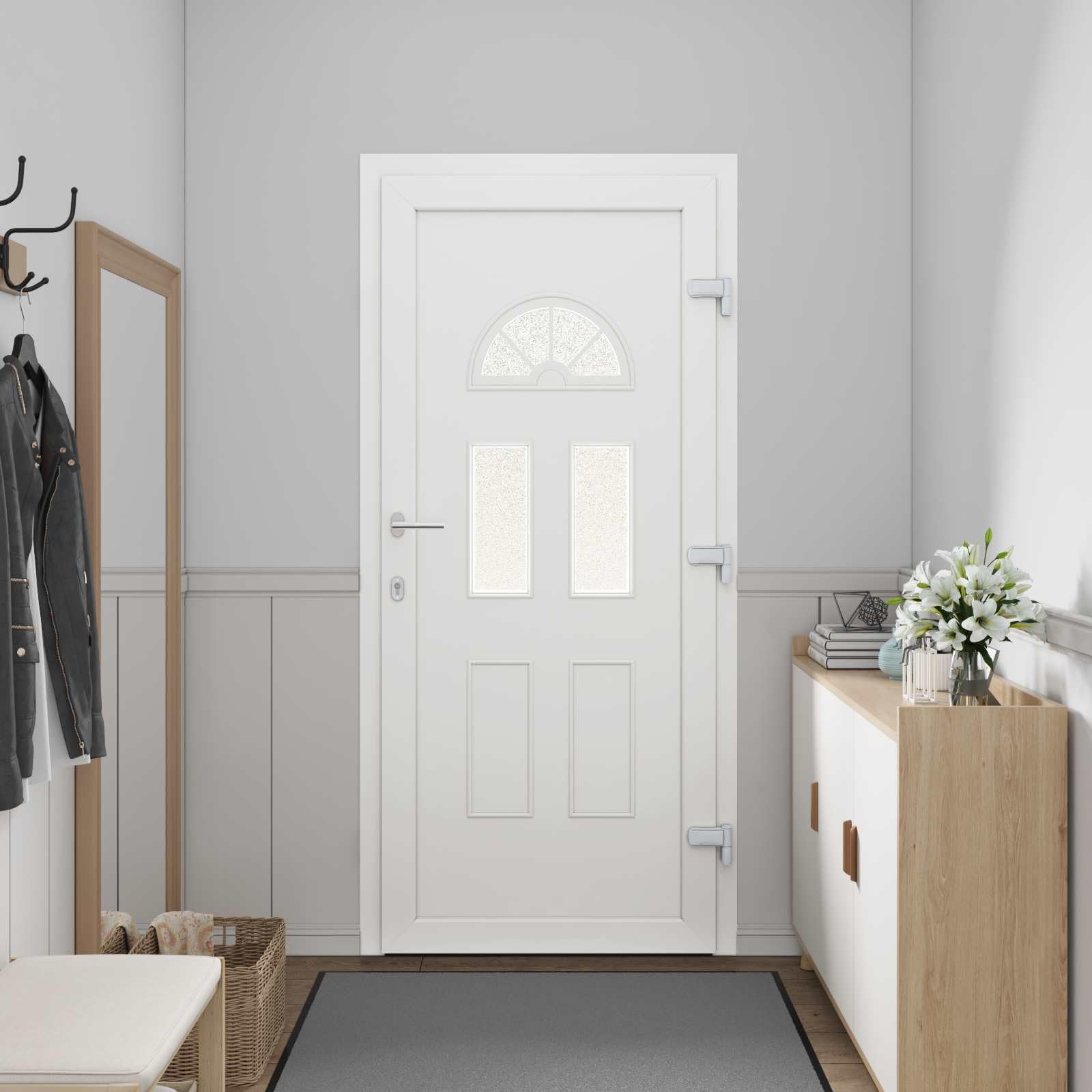 Drzwi wejściowe antracytowe PCW 110 x 210 cm z wkładką szklaną, izolowane i dźwiękoszczelne, łącznie z zamkiem, ościeżnicą i blokadą, idealne do nowego budowy, renowacji i wejścia do