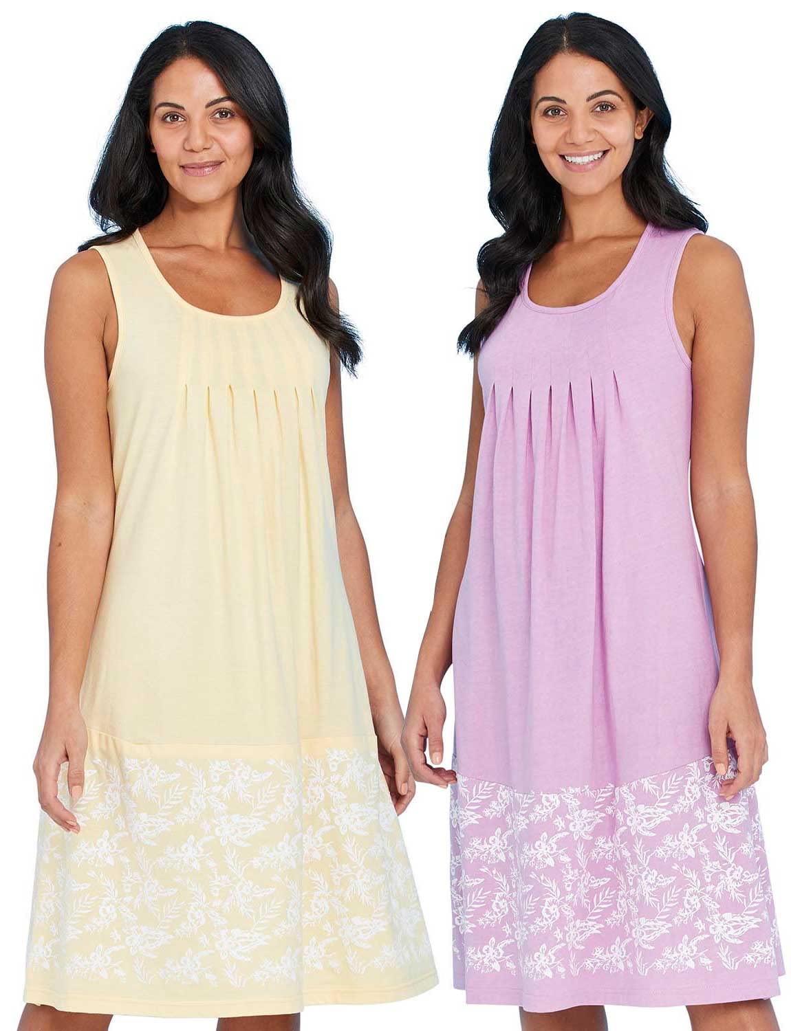 Chums Ladies Sleeveless Nightdress with Bottom Print Pack of 2 Lemon & Lilac 24-26