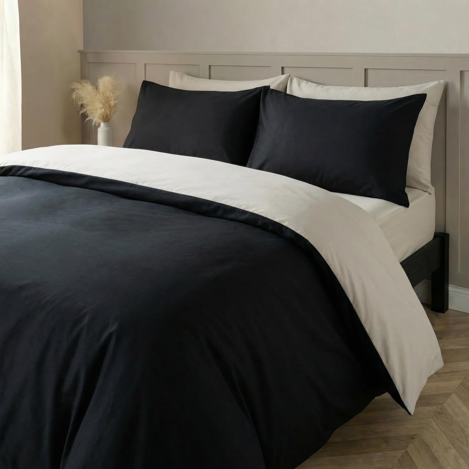 Brentfords Duvet Cover Set - Black/Cream Double Duvet Reversible, Microfibre Double Bed Duvet Cover Quilt Cover Bedding Set With Pillowcases Microfibre Quilt Cover Luxury Super Soft Comfy, Natural/Black