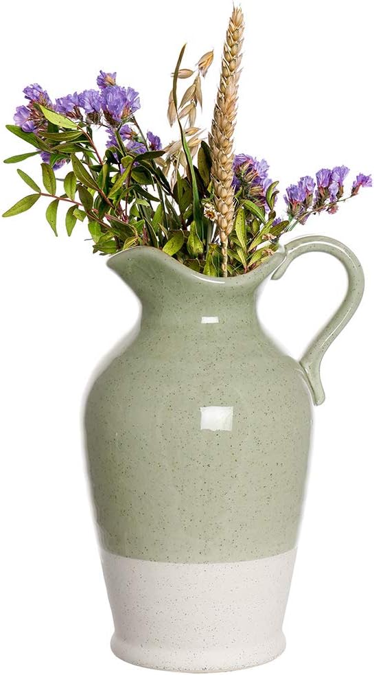 Flower Vase Ceramic Pitcher Jug Decorative Two Tone Green & White Floral Display Vase Decor Gift