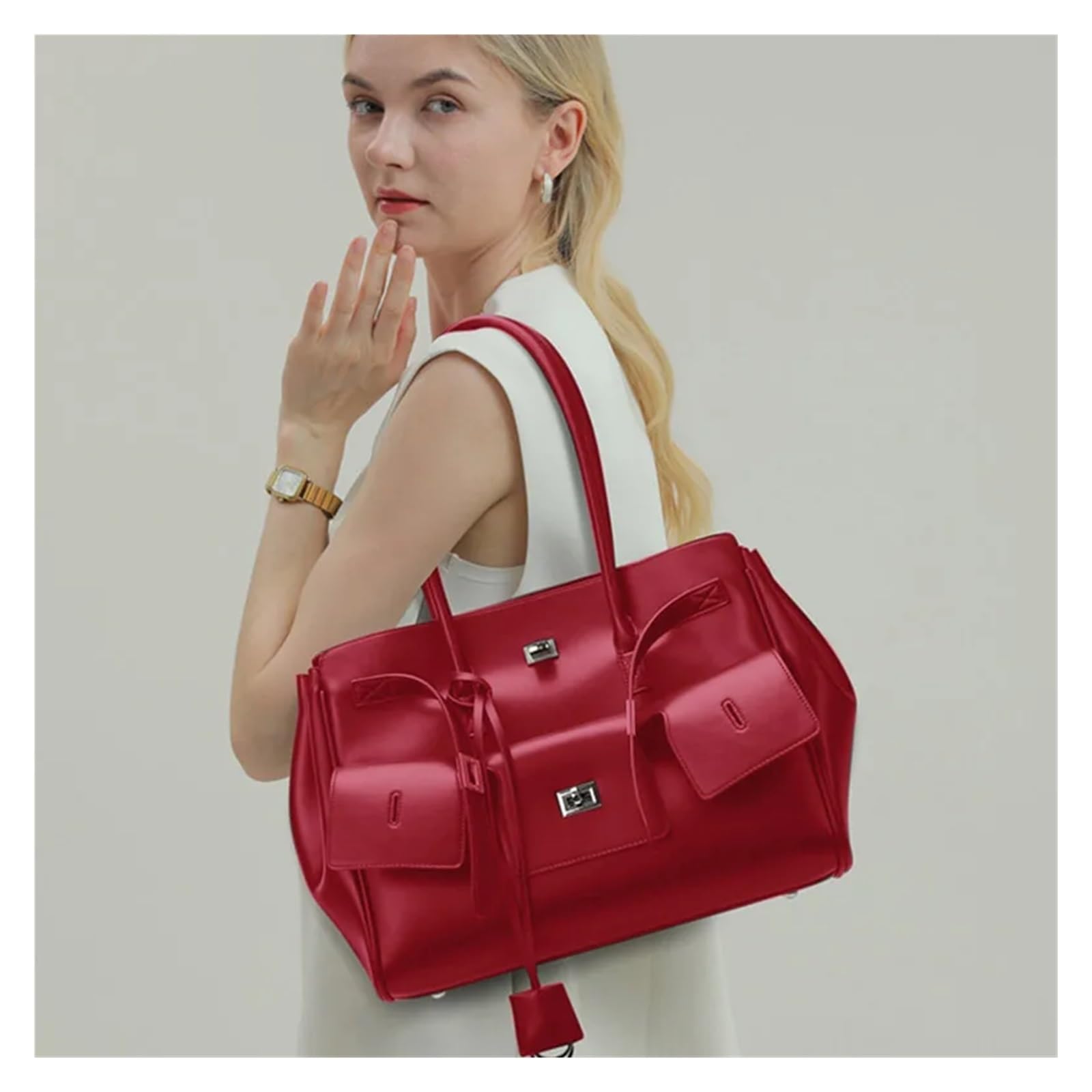 Borse da Donna Borsa a tracolla grande capacità in pelle scamosciata nera con chiusura in argento e oro, alla moda