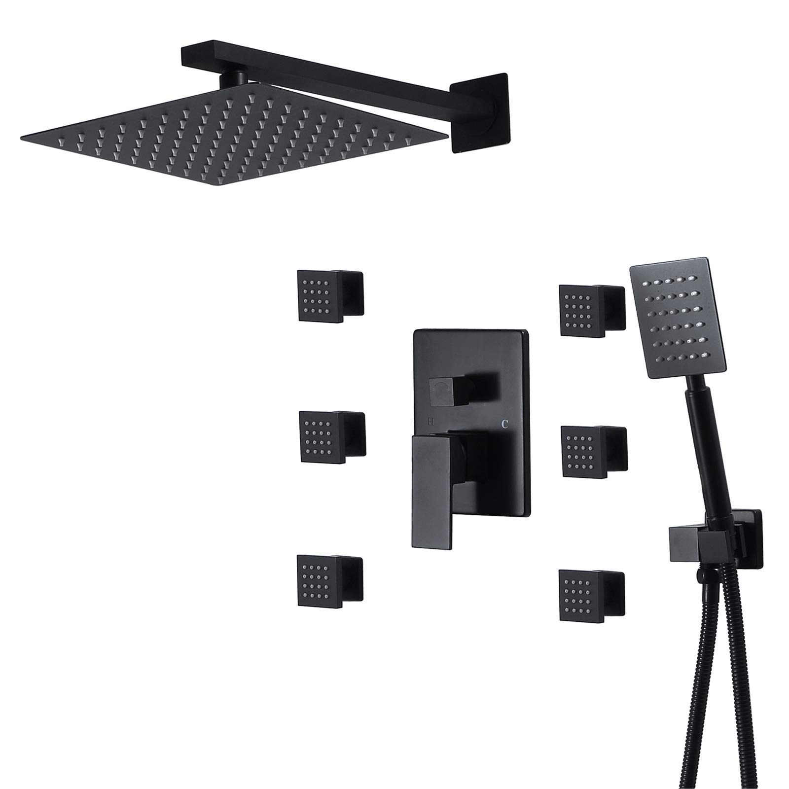 System prysznicowy, Systemy natrysków do ciała, Natrysk ścienny z deszczownicą 250 x 250 mm, Zestaw baterii prysznicowej, Zawór prysznicowy, 6 dysz spa, Prysznic ręczny, Ch,