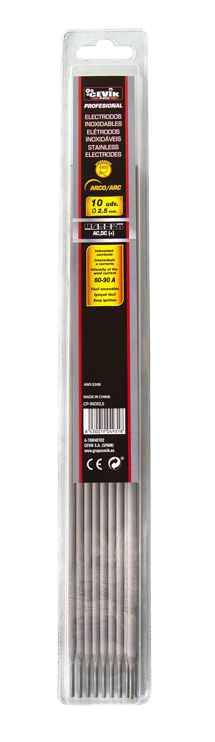 Cevik PRO - Stainless Electrodes 2.5 mm - Pack 10 Units - MMA Welding - AWS E308 - Stainless Steel - High Corrosion Resistance - Stable Arc - Welding Accessories Electrode