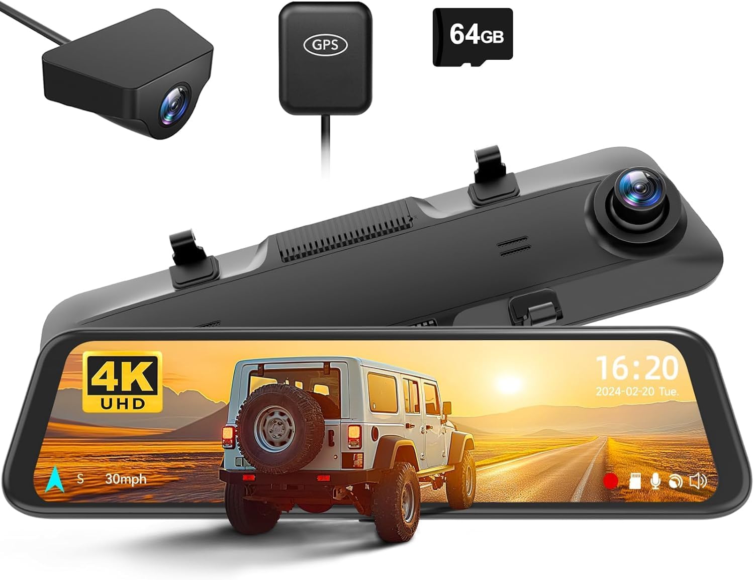 – 4K+2.5K Front and Rear View Mirror Dash Cam, 12" Full Touch Screen, Backup Camera With 1080P Rear View, WDR, Night Vision, Free 64GB Card & GPS