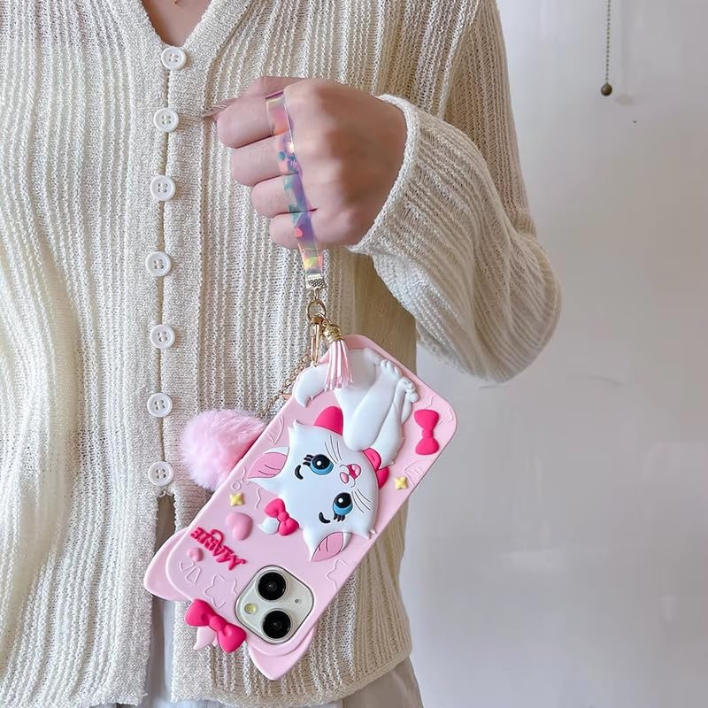 Image of COVERLY for Apple iPhone 12 Pro 3D Marie Kitty Bow Cartoon Case,Premium Silicone Case with Charm Hair Ball Furr Pendant Adorable Cat Cool Full Protective Cute Kawaii Aesthetic Cover,Pink
