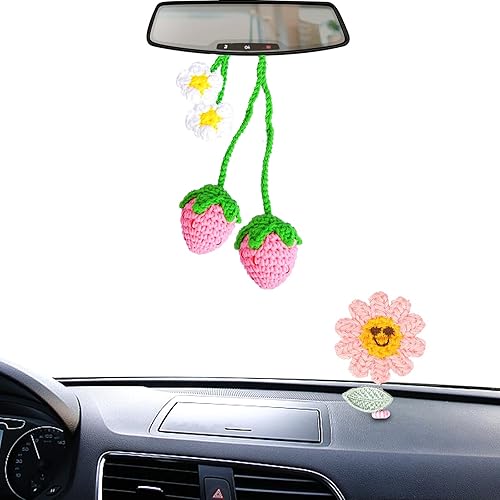 Miniatura 1 de Accesorios colgantes para espejo de automóvil, 2 piezas de ganchillo de fresa, accesorios de automóvil, lindos accesorios para espejo retrovisor,
