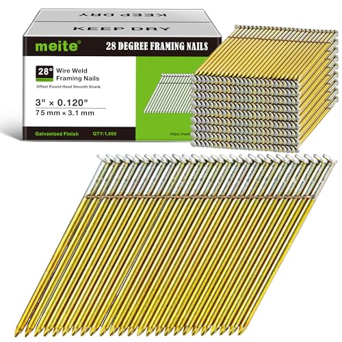 meite 28 Degree Framing Nails 3 Inch Galvanized Wire Weld Collated Nails for Framing Nailer Gun, Offset Round Head Smooth Shank Framing Nails for Structural Wall Sheathing Decking 1,000PCS