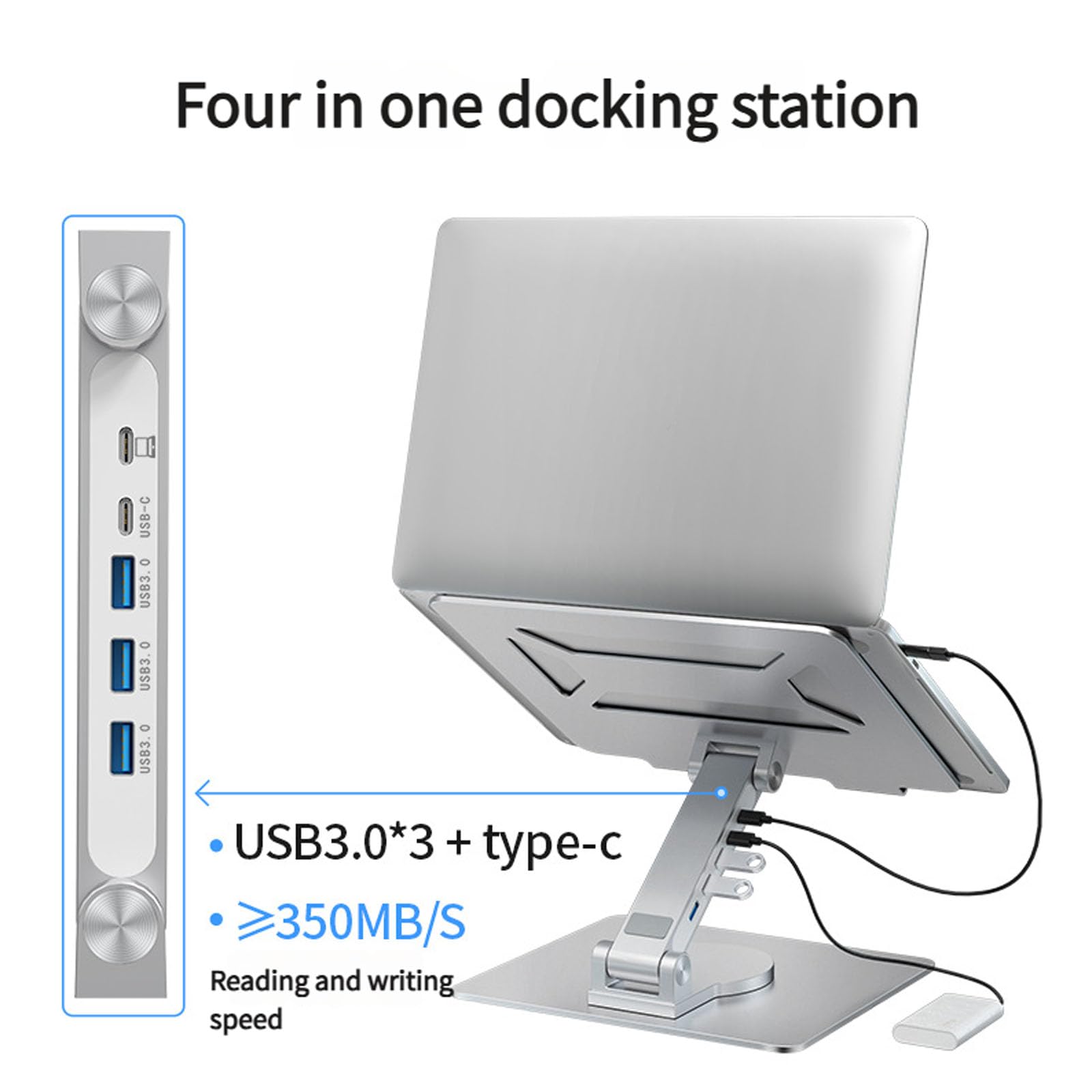 Supporto per laptop ergonomico rotante Struttura in alluminio pieghevole Hub espansione integrato Altezza regolabile Design portatile per tablet notebook Supporto per laptop portatile con hub