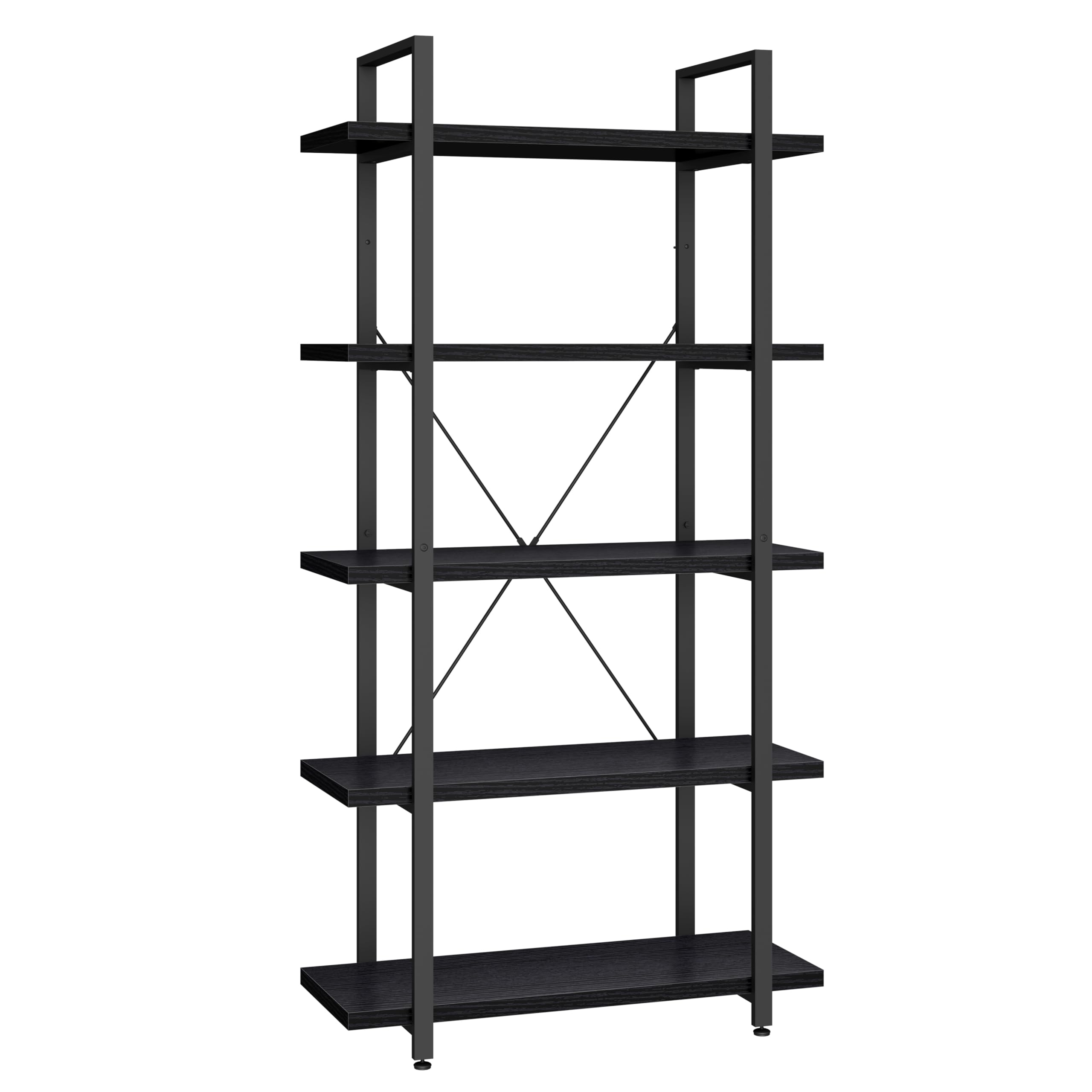 Panana 5 Tier Industrial Rustic Wooden Bookshelves, Vintage Open Wood and Metal Farmhouse Bookshelf Heavy Duty Storage Shelving Unit Rack (Black)