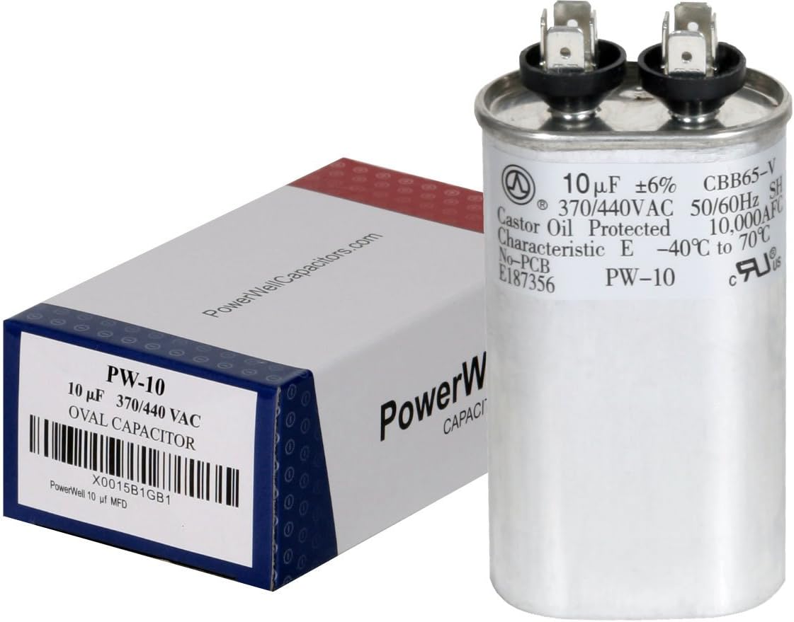 10 uf MFD 370 or 440 VAC Oval Run Capacitor PW-10 for Fan Motor Blower Condenser in Air Handler Straight Cool or Heat Pump Air Conditioner - Guaranteed to Last 5 Years