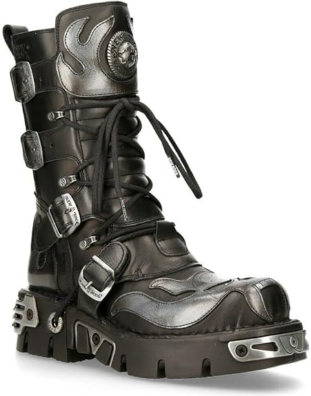 New Rock Men's 107-S2 Silver Metallic Skull Devil Goth Punk Leather Calf Boots 7