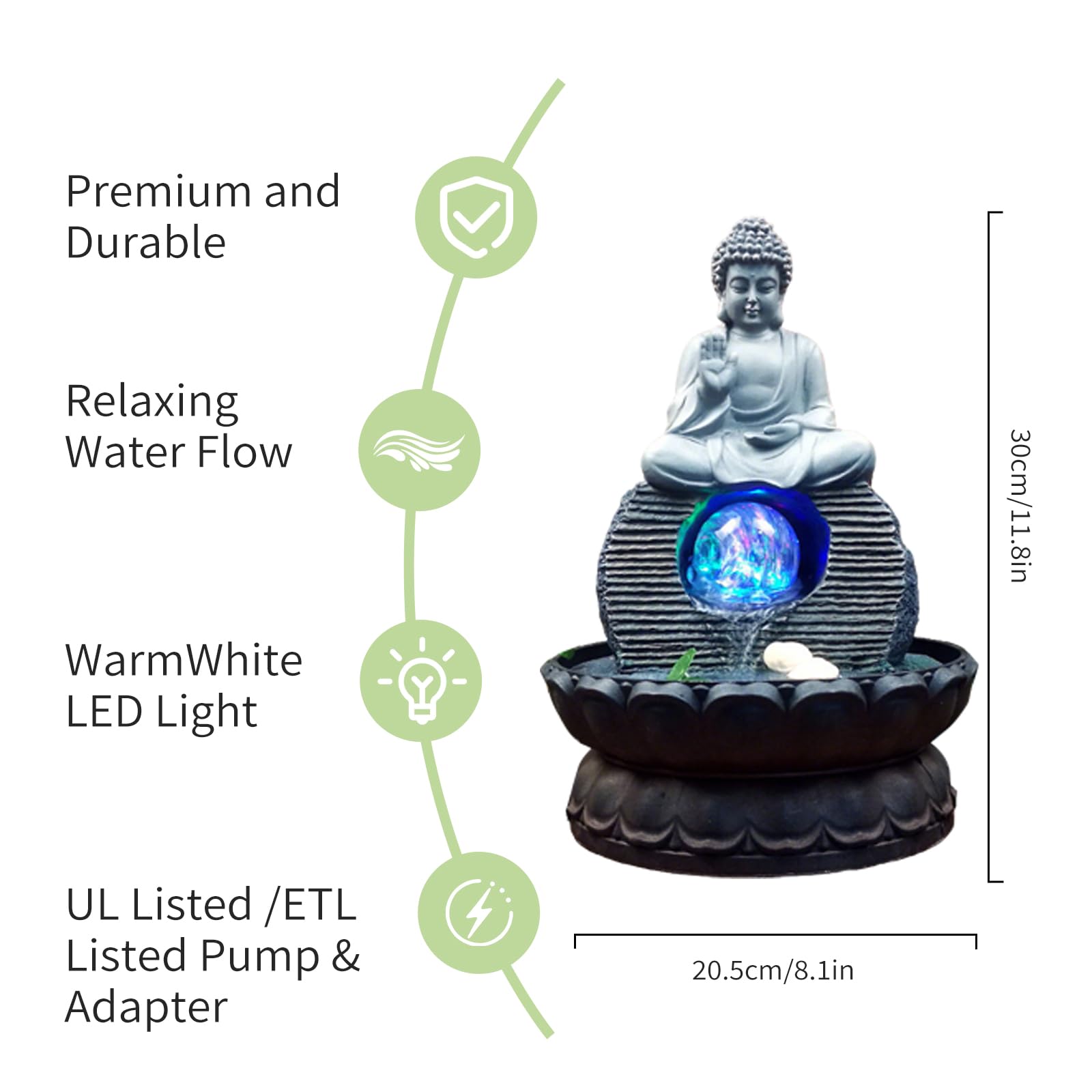 Zen Sitting Buddha Tabletop Fountain - Small Indoor Meditation Waterfall Water Feature for Zen Decor in Home, Office, Living Room or Bedroom + (10 PCS Free Crystals)