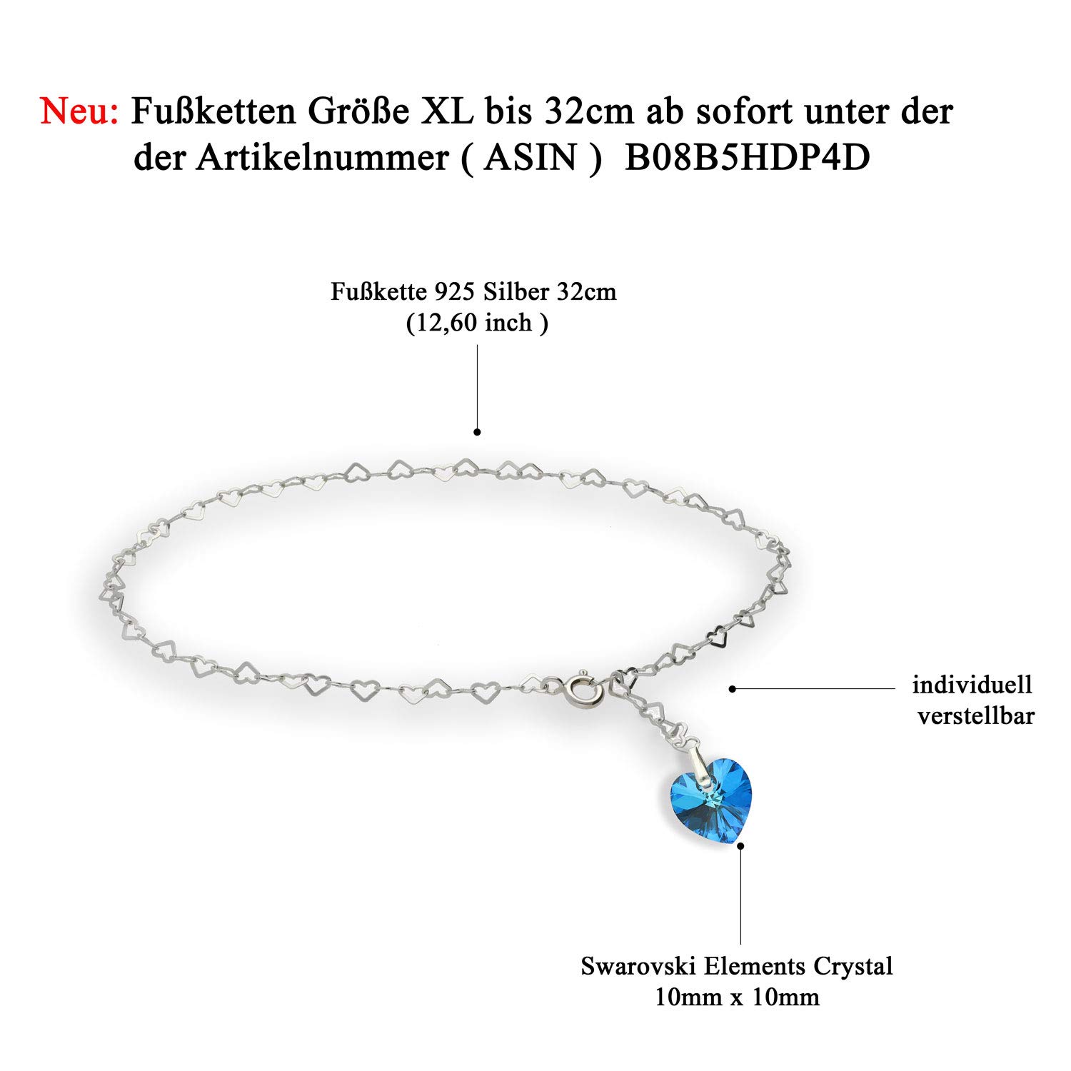 Cavigliera in argento 925 con cuore Swarovski, vari colori
