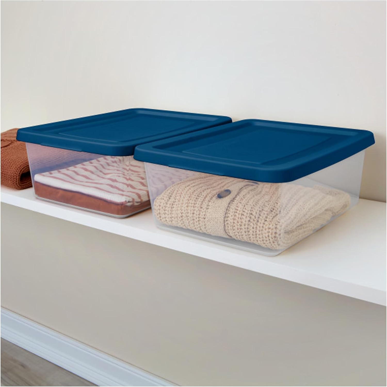 Sterilite 12 Pack Storage Boxes, Clear Plastic Stackable Containers, Lightweight Home Organizers with Snap Lids, 12 Quart, Marine Blue (6 Pack)