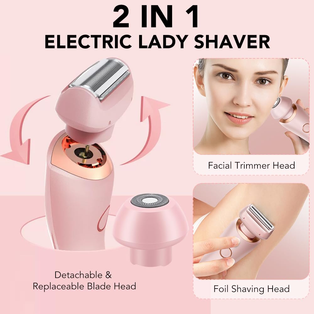 Rasoio Elettrico da Donna 2 in 1 a Doppia Testa,USB Ricaricabile,Impermeabile IPX7,Intima Donna Indolore per Viso, Gambe, Braccia e Zona Bikini