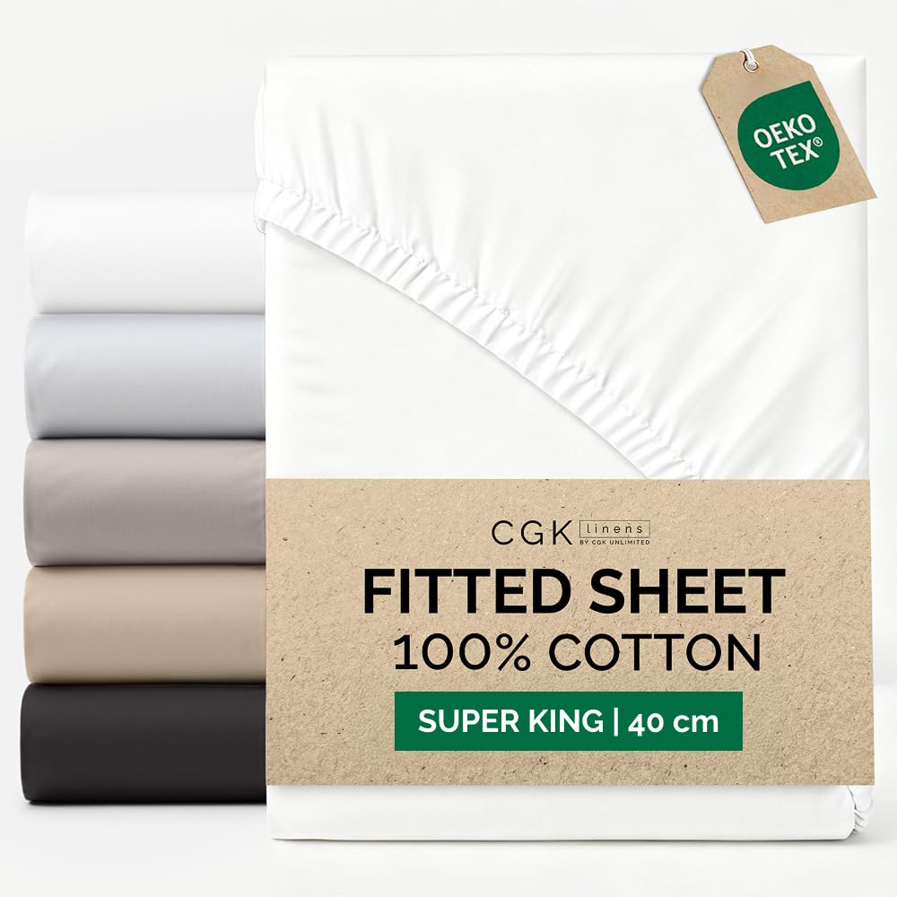 Super King Fitted Sheet 180x200 cm - 100% Cotton Sateen 400 Thread Count - Extra Deep Fitt...