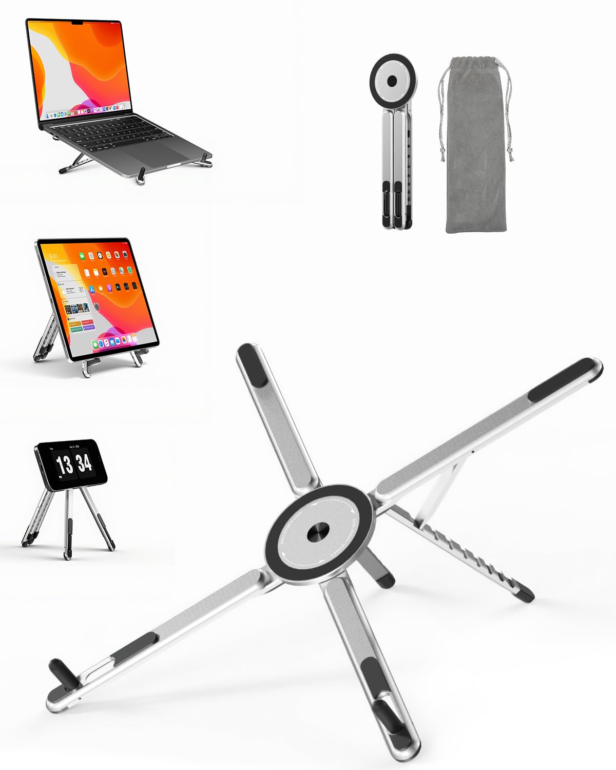 SupeDesk Soporte plegable para portátil 3 en 1 ajustable en altura y ángulo, de aleación de aluminio, soporte para portátil ventilado, soporte ergonómico para portátil de 4 a 16 pulgadas, magnético