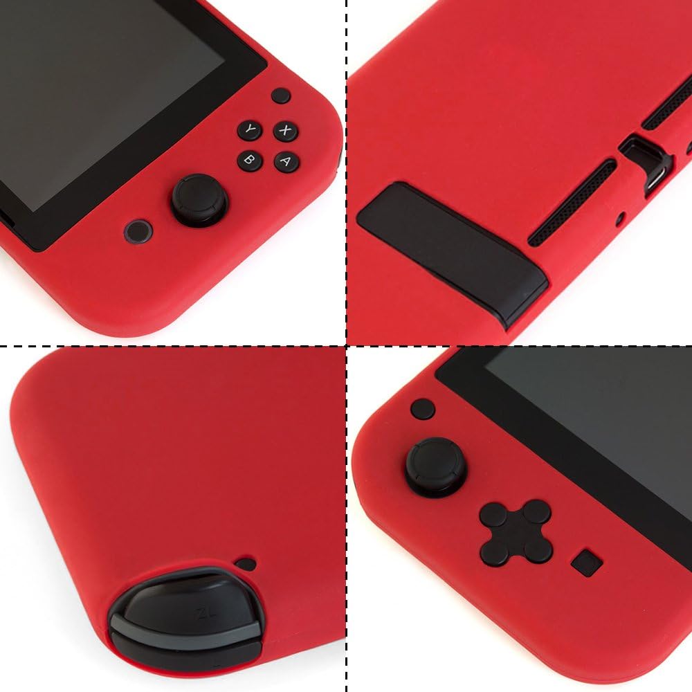 Silicone Case for Nintendo Switch with 3 Screen Protector, FineGood Protective Soft Anti-slip Back Case Cover with Anti-Scratch PET Films Skins - Red