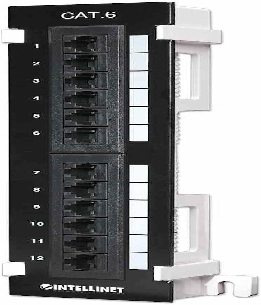 Intellinet 12 Port Cat6 Network Patch Panel Wall-Mount with 89D Bracket โ Installer Grade 3mm 50 Micro-inch Gold Plated Jack Contacts - Black 560269