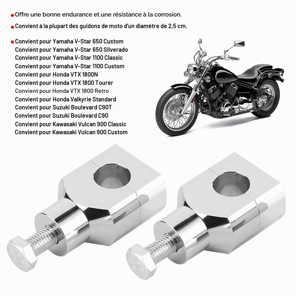 rehausseurs de guidon 25 mm - Compatibles avec Yamaha V-Star 650/1100, Honda VTX, Valkyrie, Kawasaki Vulcan 900, Suzuki Boulevard Accessoires