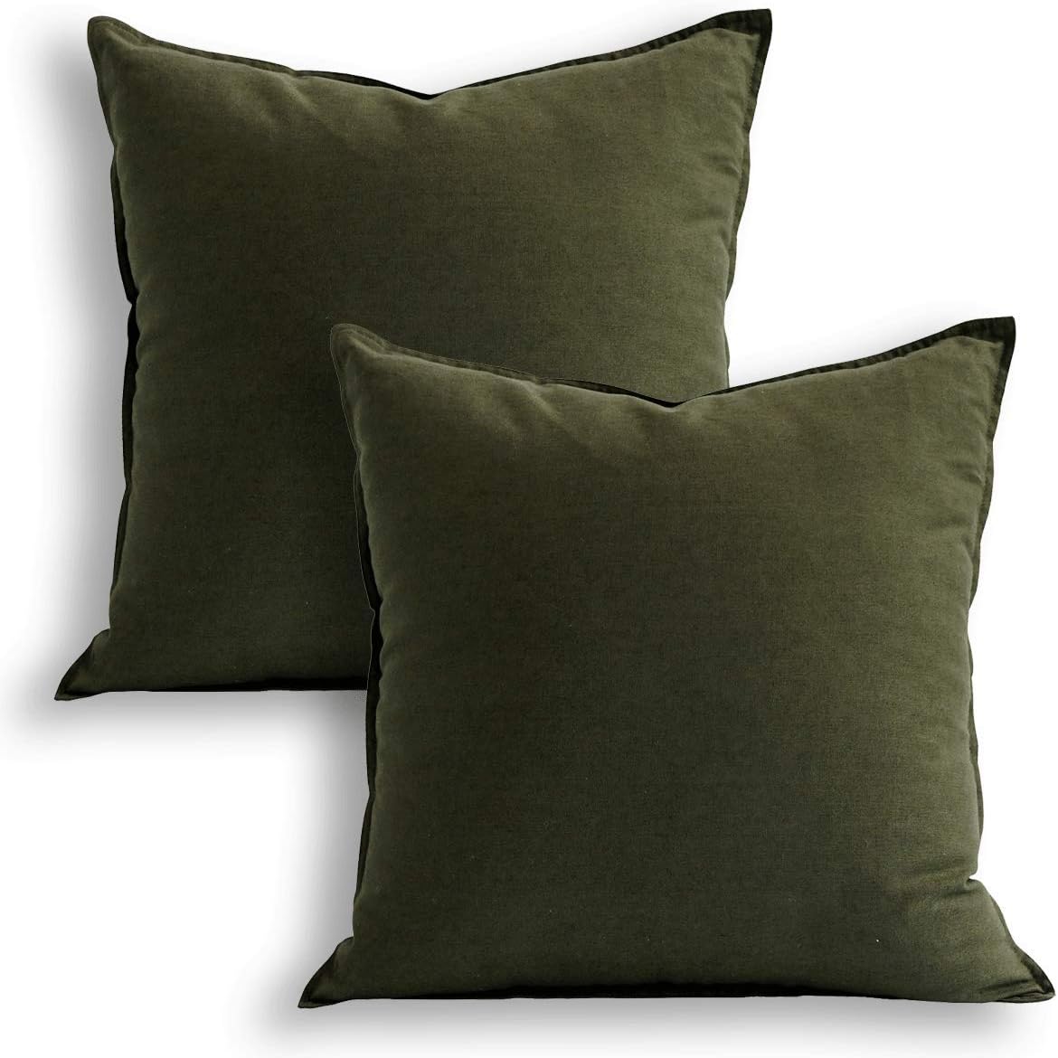 Jeanerlor Pack of 2 24 x 24 Inch Cotton Linen Soft Soild Decorative Square Throw Pillow Covers Green Cushion Case Set for Bedroom/Sofa/Car 60 x 60cm,Olive Green