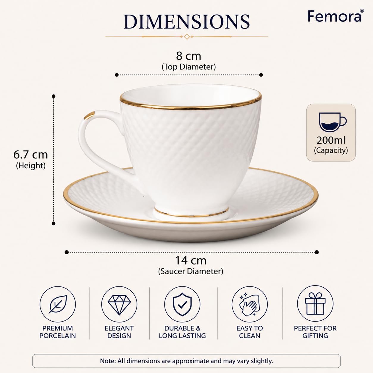Femora Ceramic Gold Line Diamond Cut White Cup 6 Pcs with Saucer Set of 6 Pcs Tea/Coffee Cups 200 ml |Microwave & Dishwasher Safe Crockery Set Ideal for Daily Use & Gifting, White