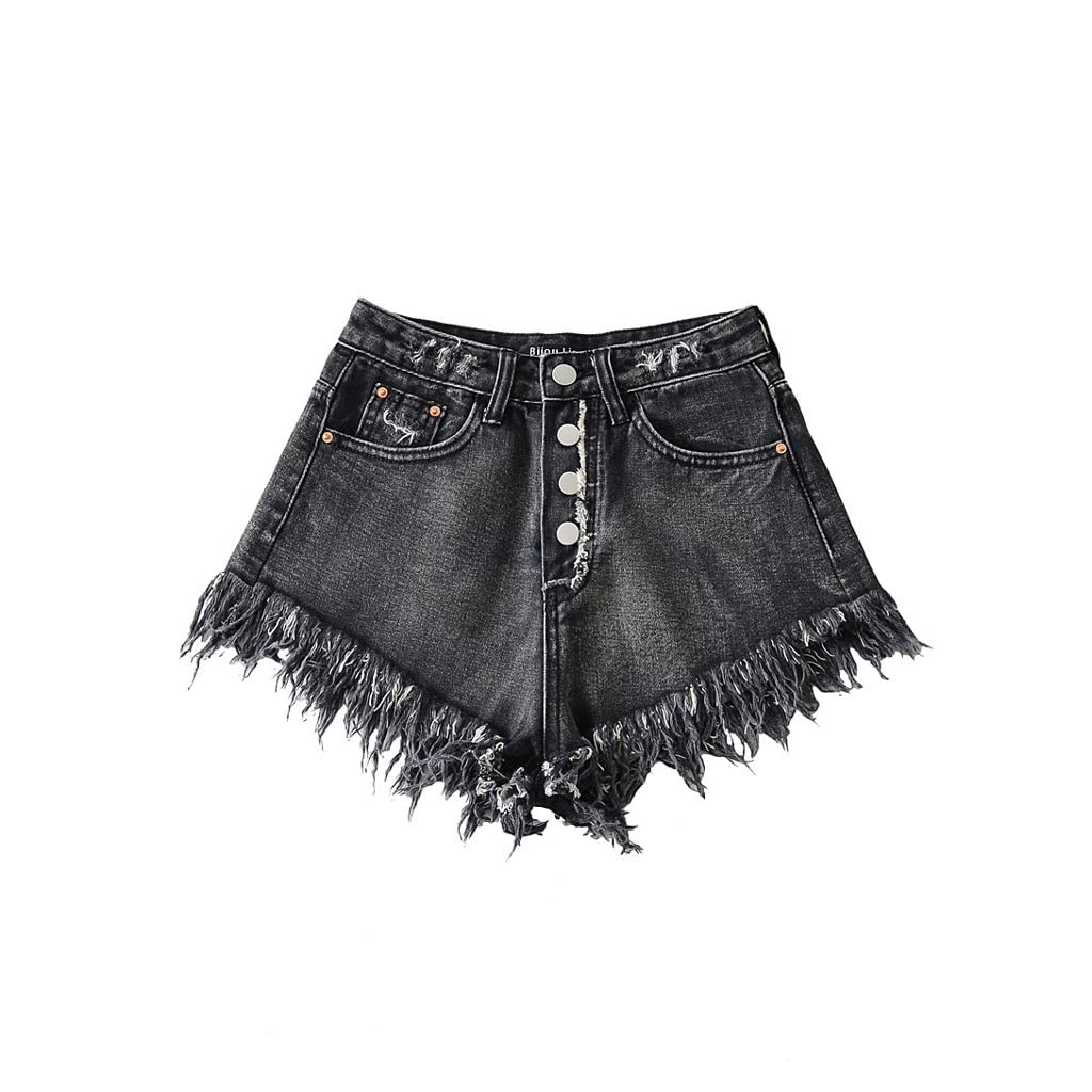 JJJ GCX- wysoka talia, cienka, wielopoziomowa klamra frędzel z przodu krótkie spodenki jeansowe letnie nowe gorące dziewczyny gorące spodnie seksowne (kolor: czarny, rozmiar: L)