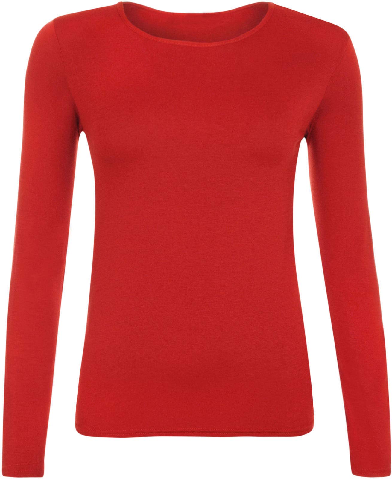 Ladies Women Basic Long Sleeve Plain Round Neck Ladies Stretch Plus Size Top T Shirt (Red, XXL)