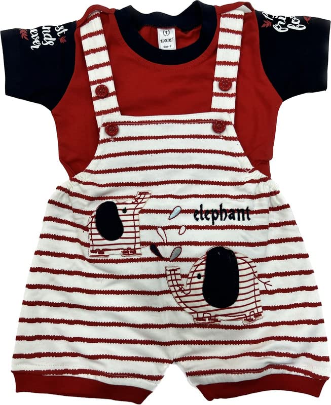 Image of SPONGY kids Half Sleeve Kid's Cotton Blend T-Shirt Striped Print with Dungaree Shorts Bodysuit for Baby Boy & Girl