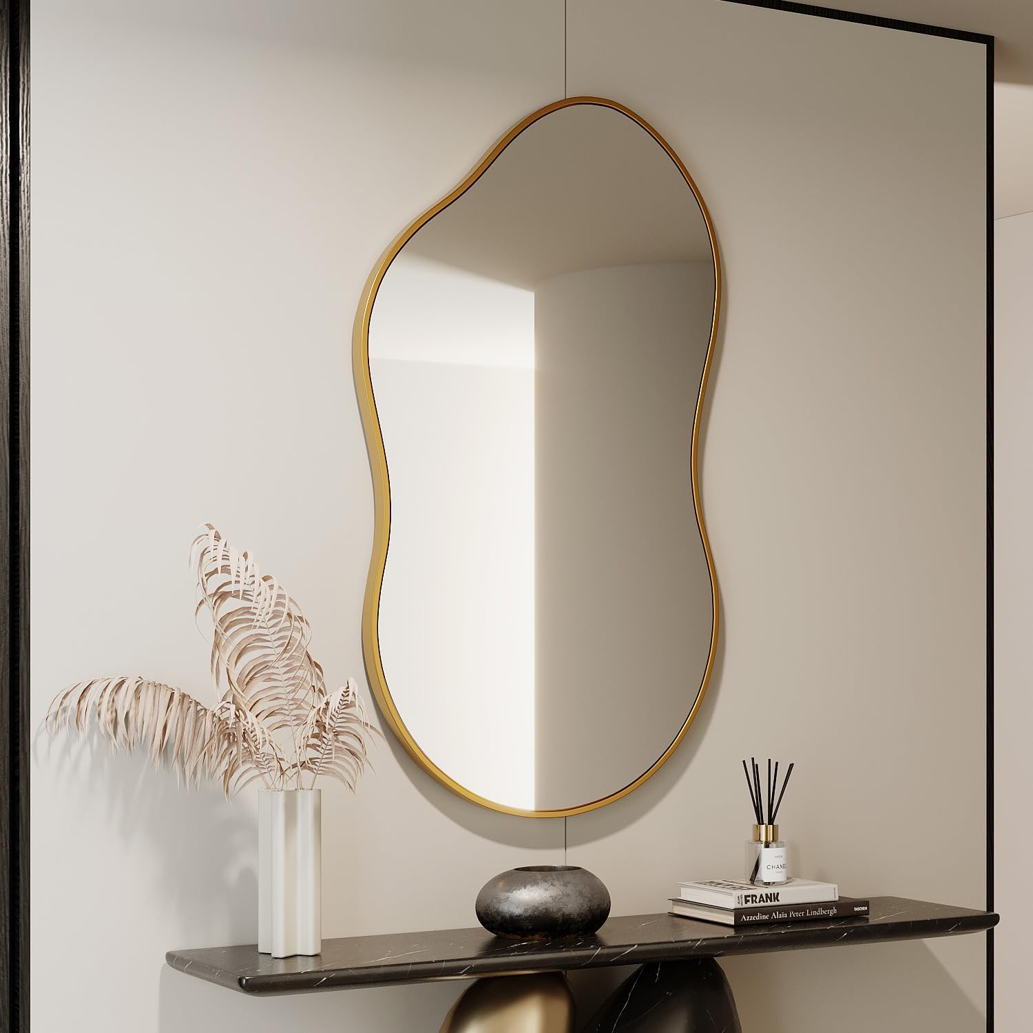 Irregular Wall Mirror - 20''×36'' Asymmetrical Decorative Tempered Glass Aluminum Alloy Framed Mirrors Cloud Mirror Wavy Mirrors for Bathroom, Bedroom, Living Room, Entryway?Gold? Gold 36"L x 20"W