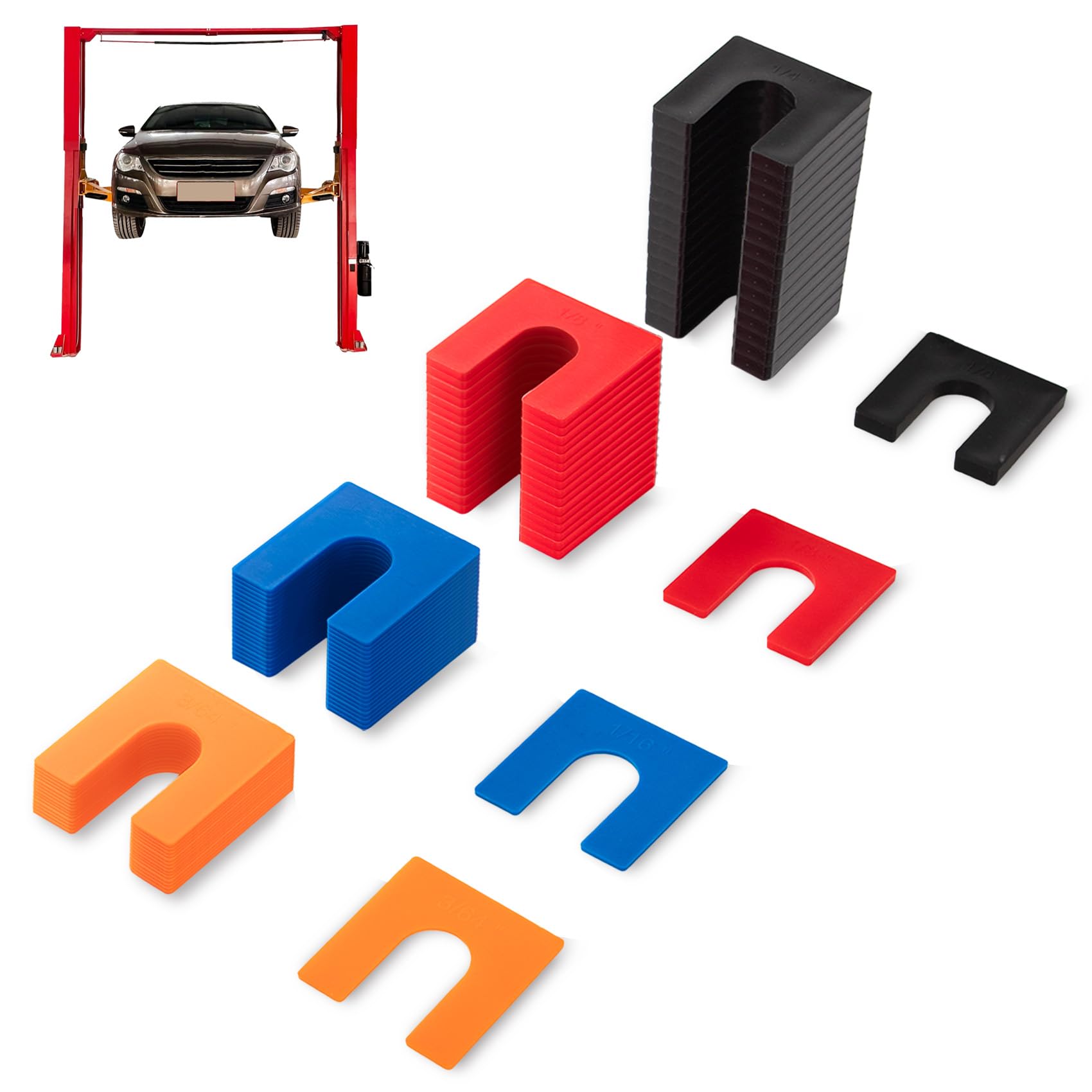 96 Pcs Car Lift Auto Leveling Shim Install Kit for 2 Post 4 Post Car Lift Precise Leveling Installation, 4/5" Opening Shims Fit for 3/4" Anchor Bolt (1/16" Blue, 1/8" Red, 1/4" Black, 3/64" Orange)