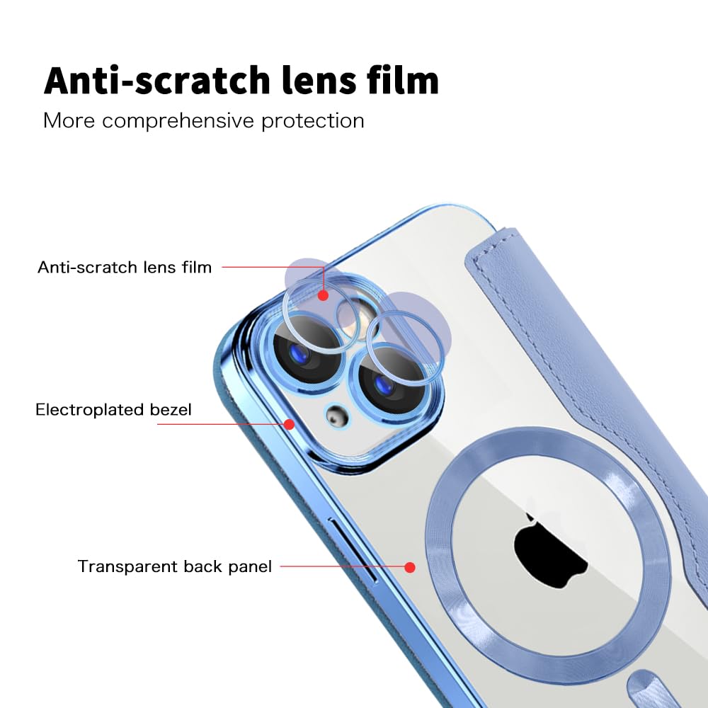 Cover Magnetica per iPhone 15 [Compatibile con MagSafe] Pelle PU Flip Portafoglio con Scomparto per Carte blocco RFID Trasparente Custodia per iPhone 15, Blu Dar Peaks JD