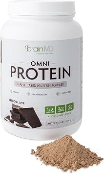 BRAINMD Dr Amen Omni Protein Chocolate - 2.38 lbs - Plant-Based Protein Powder - Promotes Energy & Exercise Recovery - Vegan, Vegetarian, Sugar Free, Gluten Free - 30 Servings
