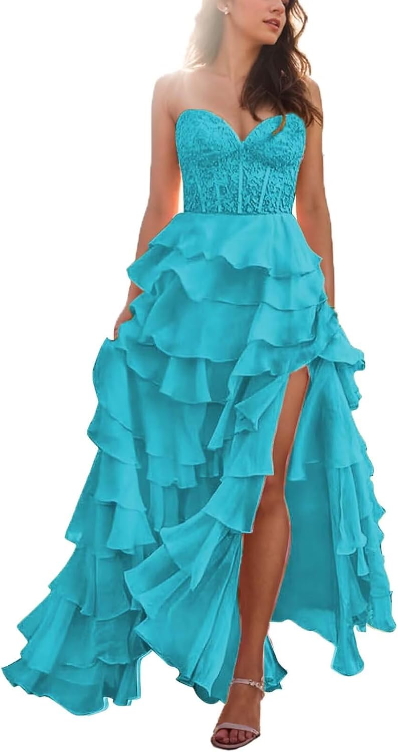 Strapless Prom Dresses for Women 2024 Tiered A Line Chiffon Formal Evening Party Gown with Slit