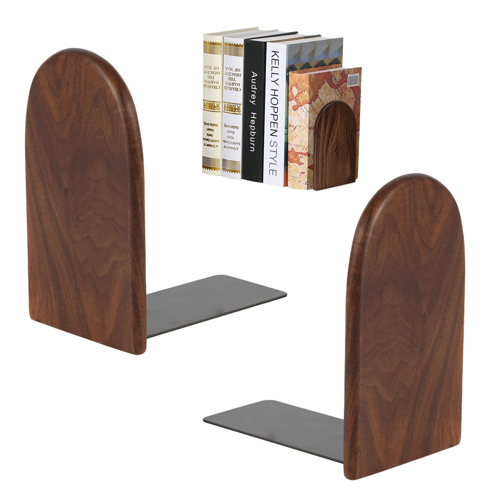 1 Pair Book Ends, Non-Slip Bookends, Wood-Handmade Heavy Duty Book-Ends for Shelves, Nature Walnut-Wood-Books-Stand Bookends for Shelves Home Office and Library