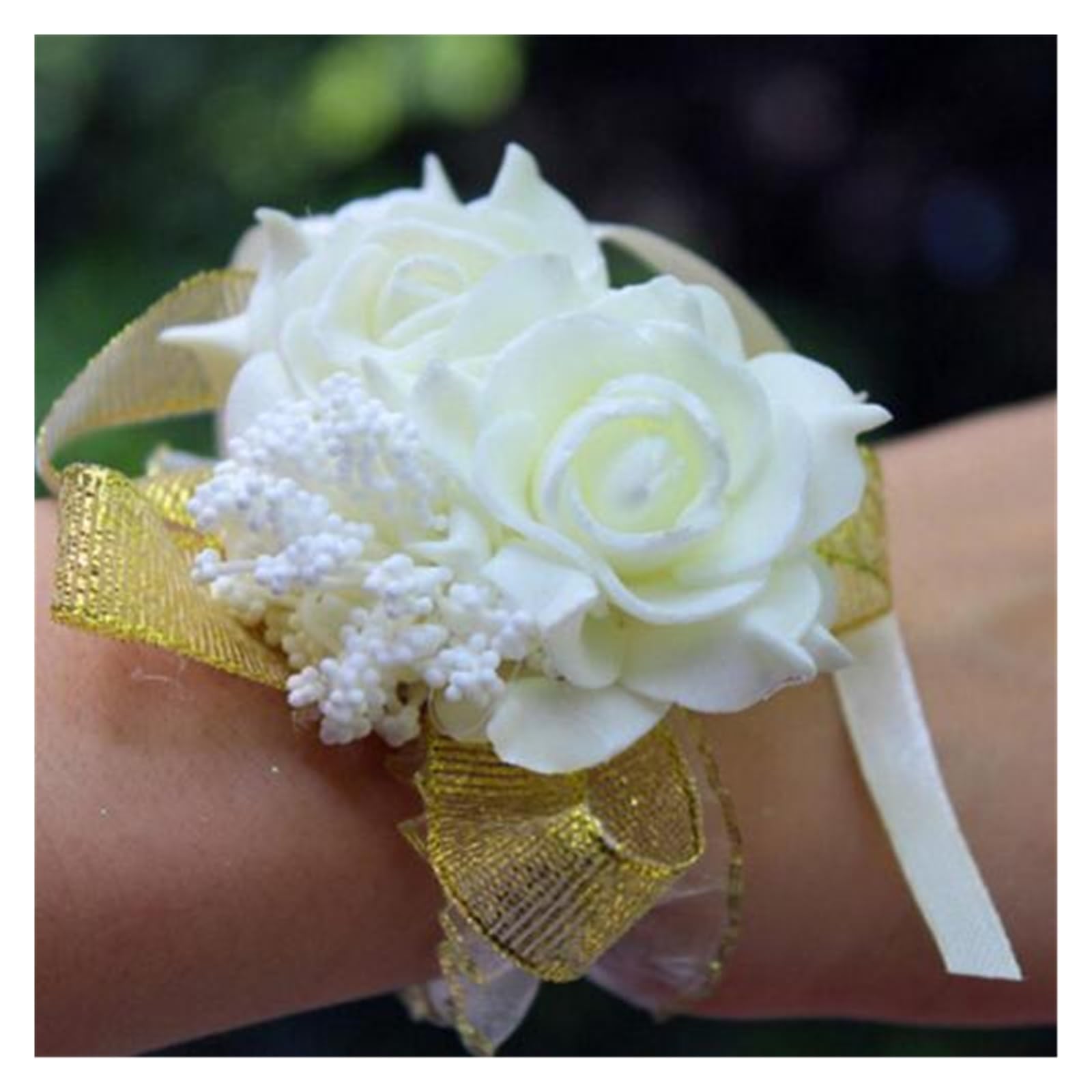 TXLEAPEY Foam Rose Flowers Bridal Bridesmaid Wrist Corsage Wedding Party Ribbon Bracelet(WHITE)