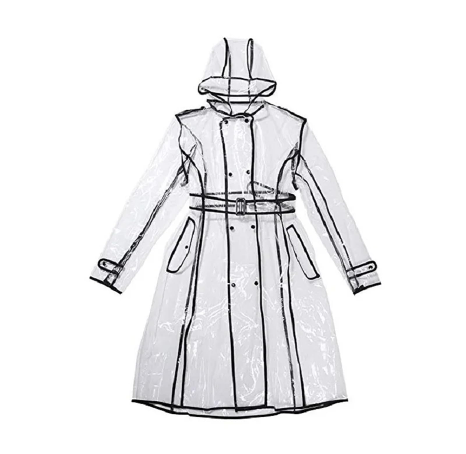 Poncho Antipioggia Impermeabile con cappuccio e cintura, impermeabile, in plastica trasparente, lungo, da donna, da uomo