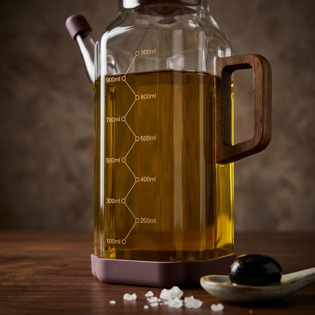 Deconox Akasya Ahşap Detaylı Borosilikat Cam Yağlık ve Sirkelik 1000 ml - Şık, Ölçülü ve Damlatmaz Mutfak Gereci