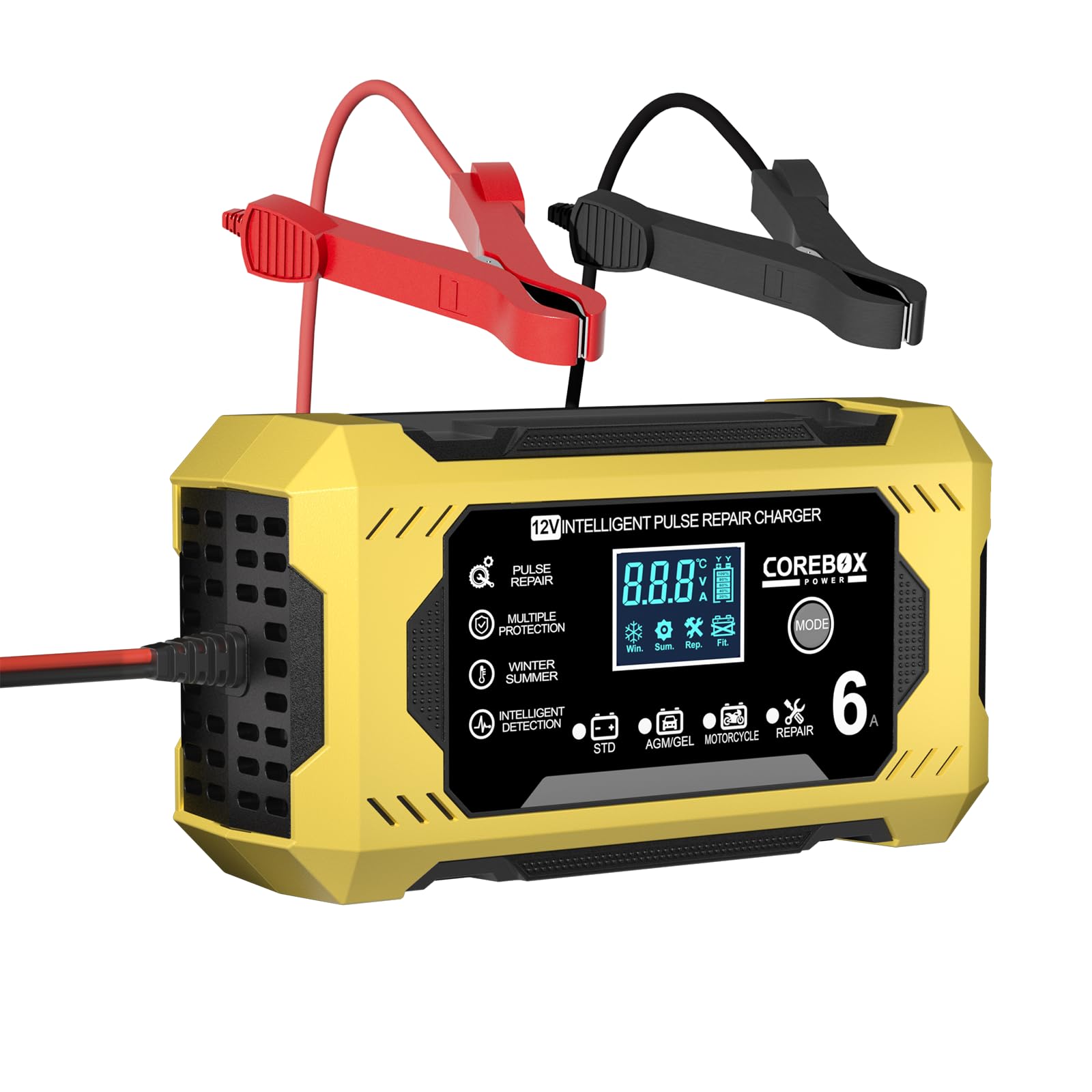 Front view of the yellow COREBOX 6A 12V Intelligent Pulse Repair Charger with its digital display and mode selection buttons.
