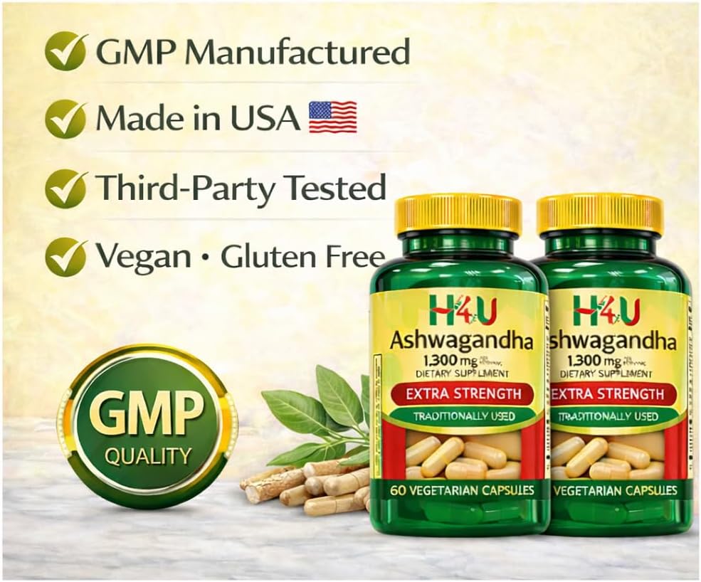 H4U 4 TOP Care Ashwagandha Dietary Supplement, 1300 mg, Stress Relief and Mood Enhancer, 60 Vegetarian Capsules (Pack of 2)