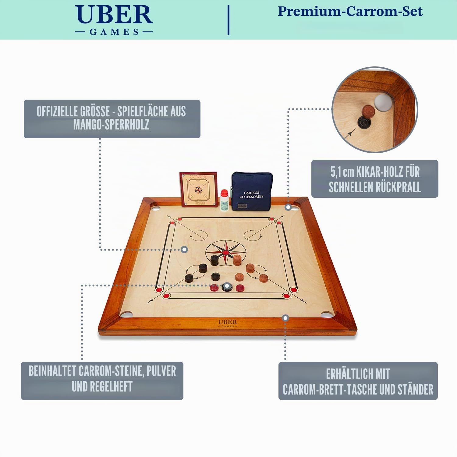 Uber Games – Premium Carrom Board Set – 78x78cm Offizielles Spielbrett mit 24 Holz-Münzen, 1 Acryl-Münze, 30g Pulver und Regelheft – Made in India (Brett+Tasche) für 2-4 Spieler ab 12 Jahren