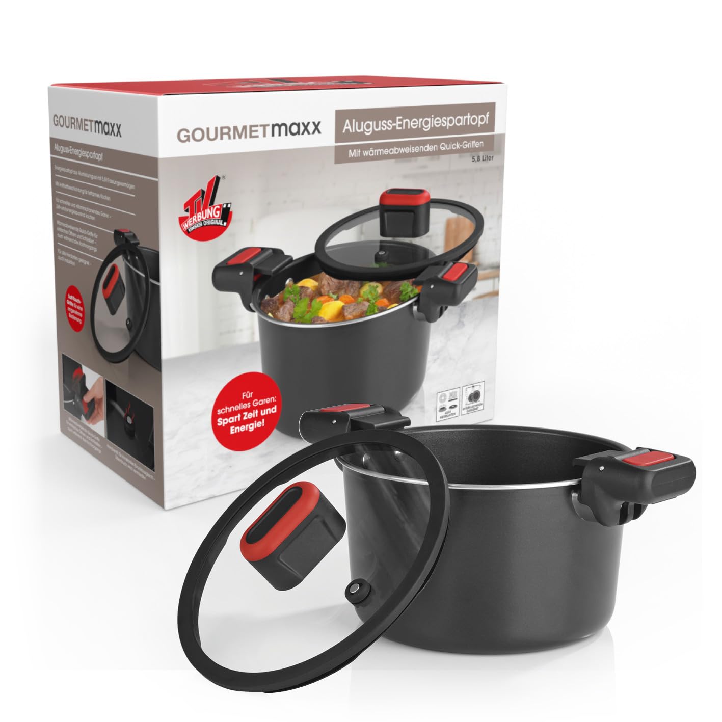 GOURMETmaxx Pentola per risparmio energetico in alluminio pressofuso, 5,8 l, rivestimento antiaderente, preparazione rapida, semplice, a basso contenuto di grassi e vitamine