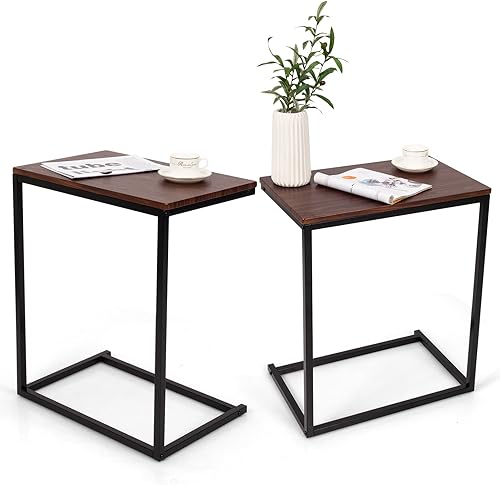 GOFLAME Mesa auxiliar de sofá, mesa auxiliar en forma de C con parte superior de madera y marco de acero resistente, mesa de sofá industrial para