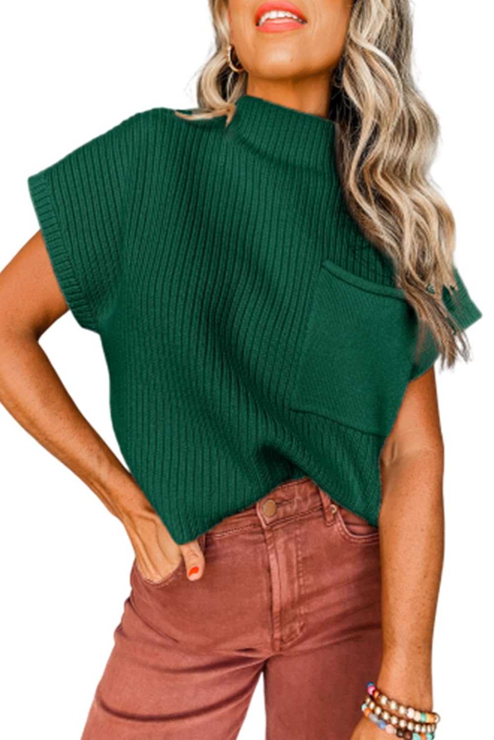 Womens Sweater Mock Neck Ribbed Knit Tops Cap Sleeve Sweaters with Patch Pocket